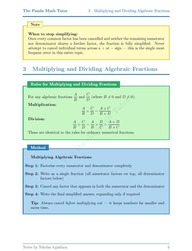 Example page from Algebraic Fractions